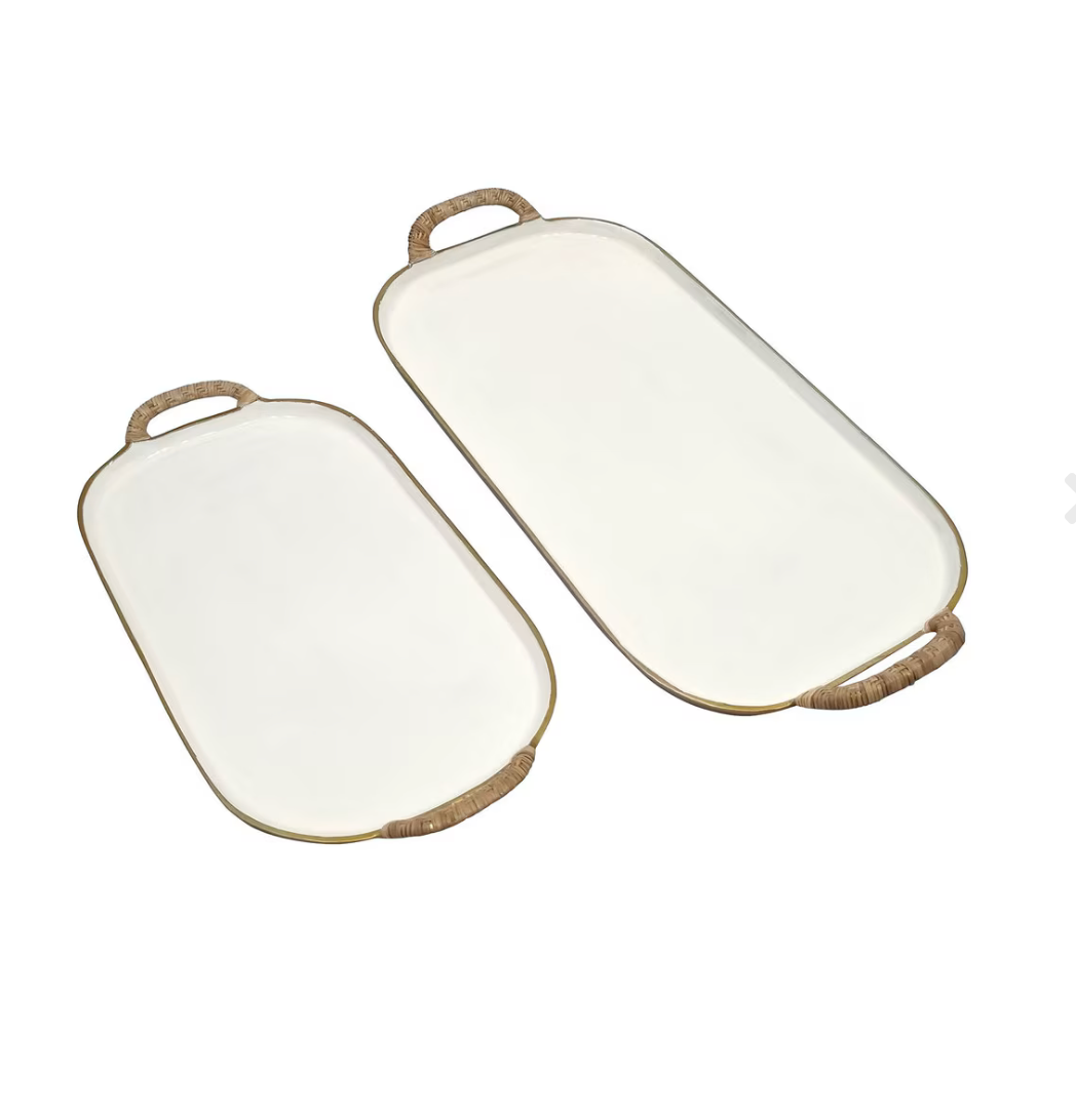 Enamel Tray with Rattan Handles
