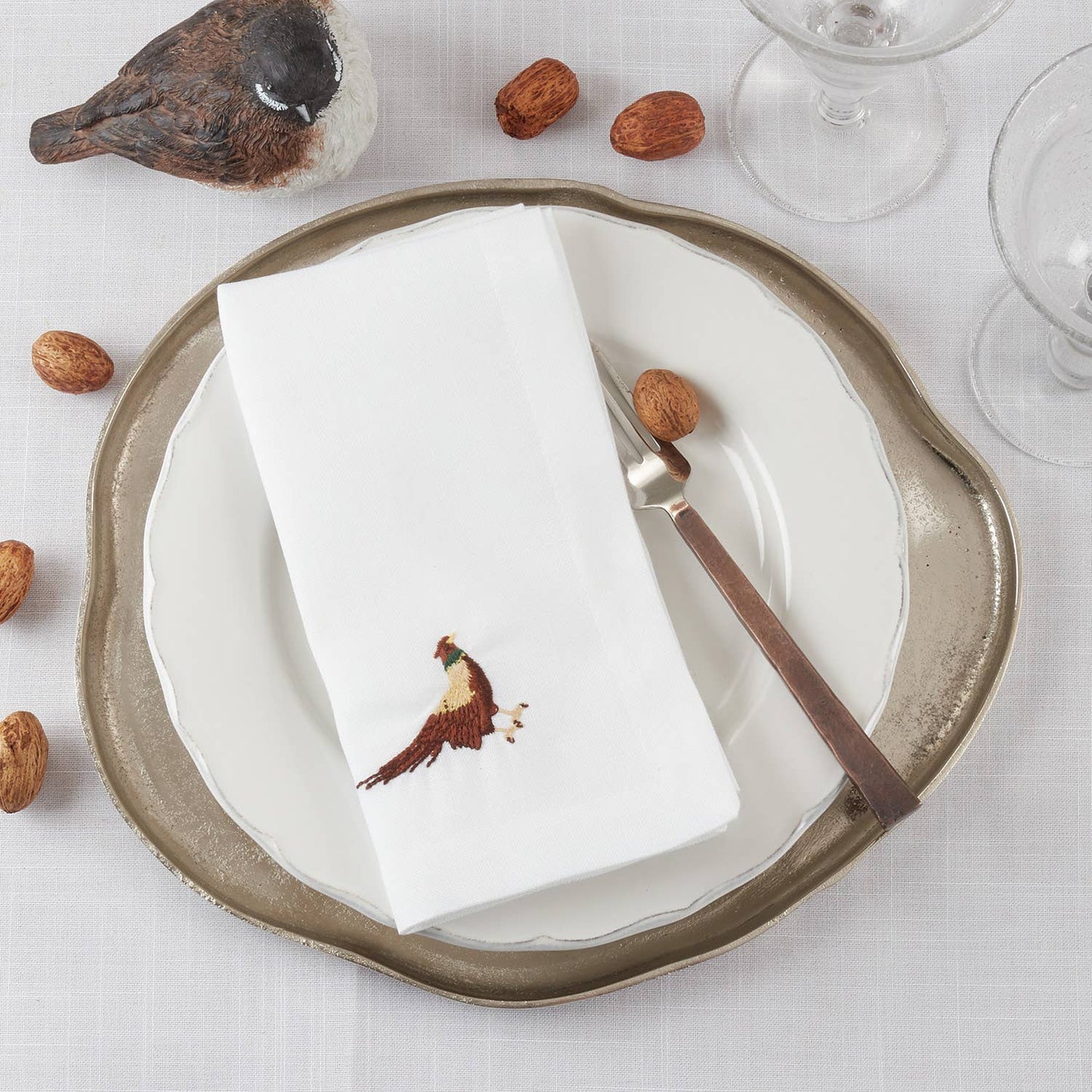 Embroidered Pheasant Dinner Napkin