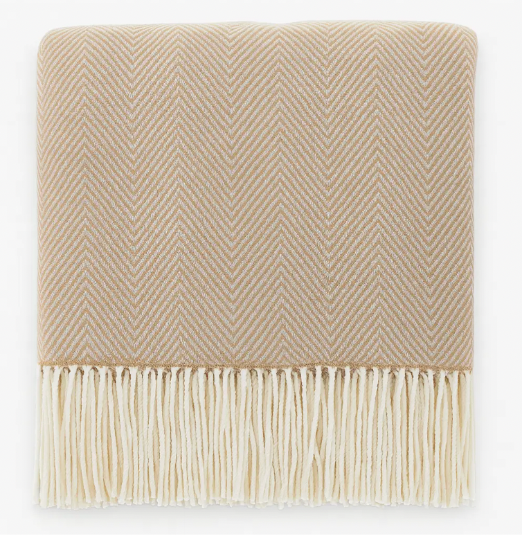 Camel Herringbone Fringed Throw Blanket