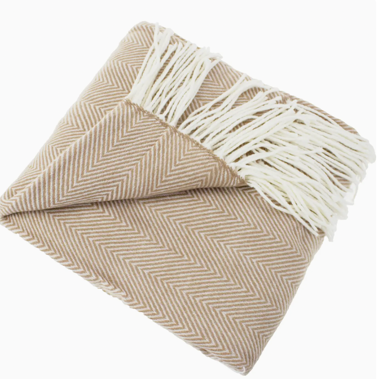 Camel Herringbone Fringed Throw Blanket