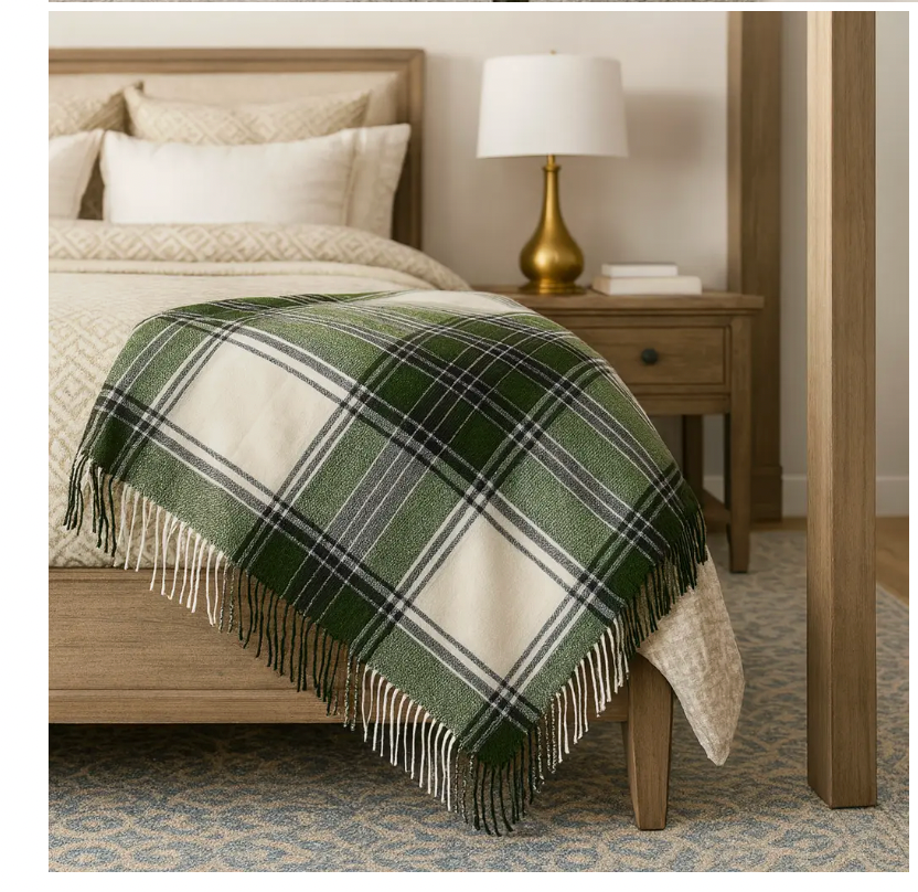 Green Classic Plaid Tassel Trim Throw Blanket