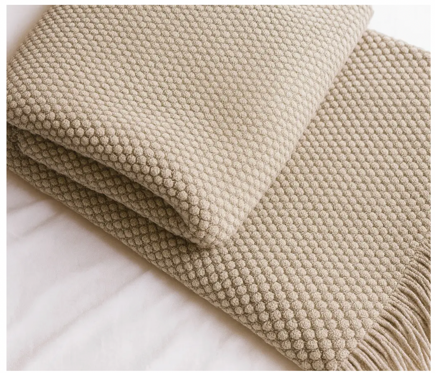 Khaki Textured Knit Throw Blanket with Fringe