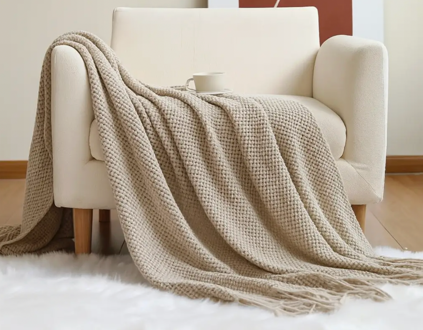 Khaki Textured Knit Throw Blanket with Fringe