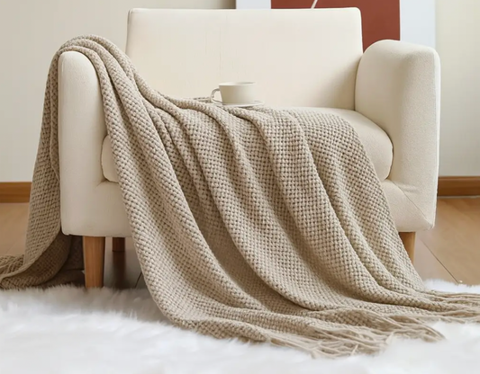 Khaki Textured Knit Throw Blanket with Fringe