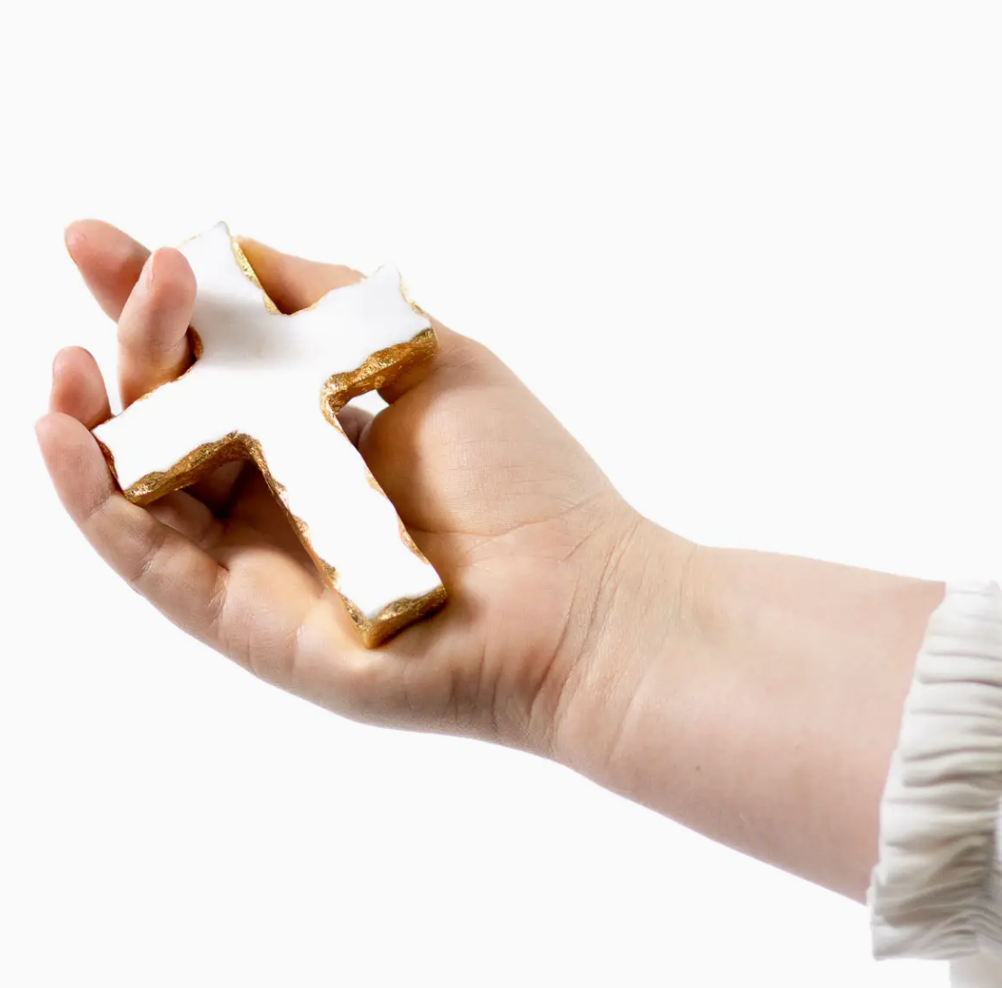 Palm Fitting Marble Prayer Cross White/Gold