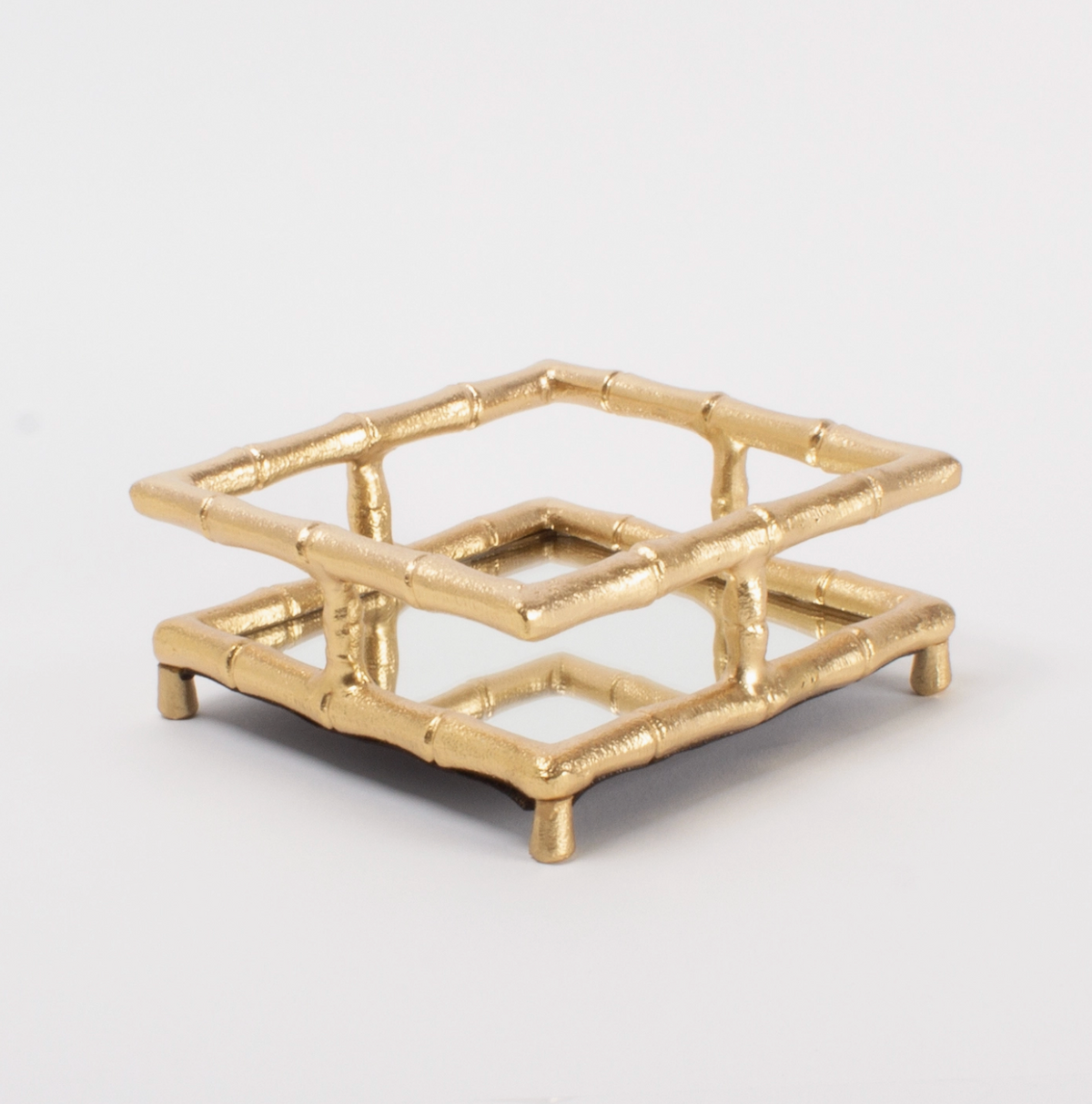 Gold Bamboo Cocktail Napkin Tray with Mirror Base