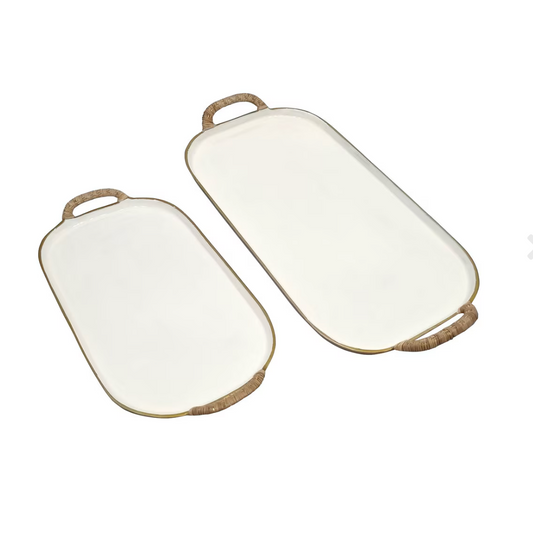 Enamel Tray with Rattan Handles